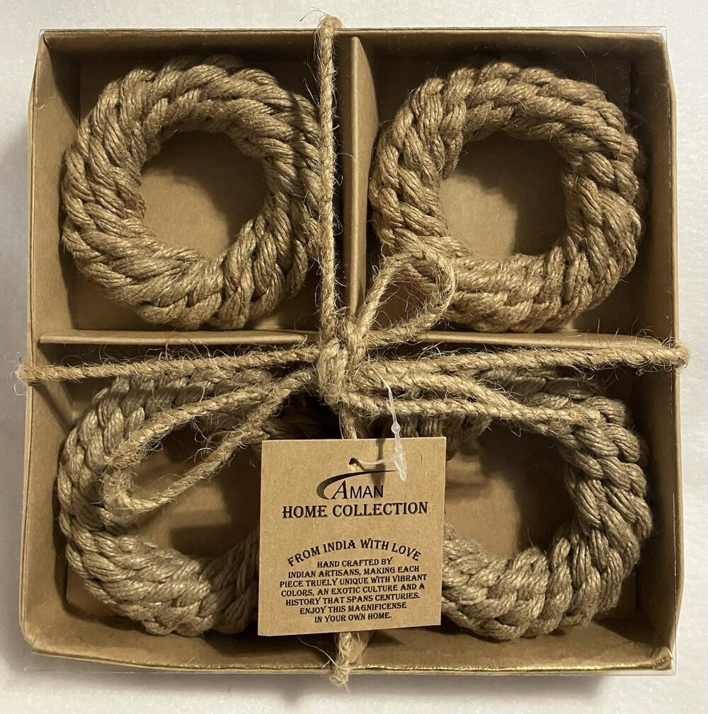 Aman Home Collection Braided Jute Napkin Rings Rustic Farmhouse Set of 4 India